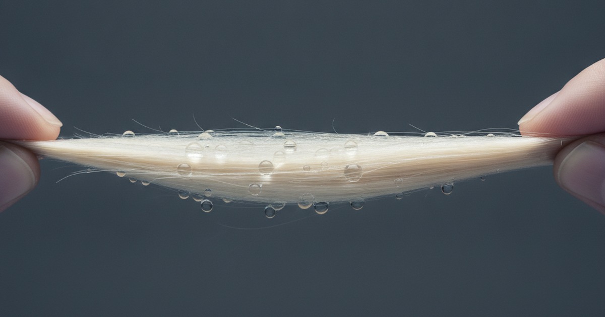 Fingers stretching a wet strand of bleached hair to test its elasticity, the strand extending without springing back