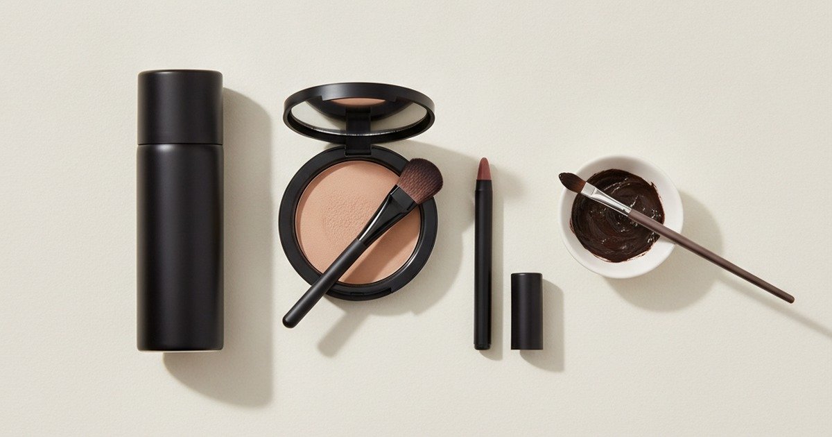 Root touch-up products laid out on a pale counter: a spray can, a powder compact with brush, a crayon-style stick and a small tint bowl