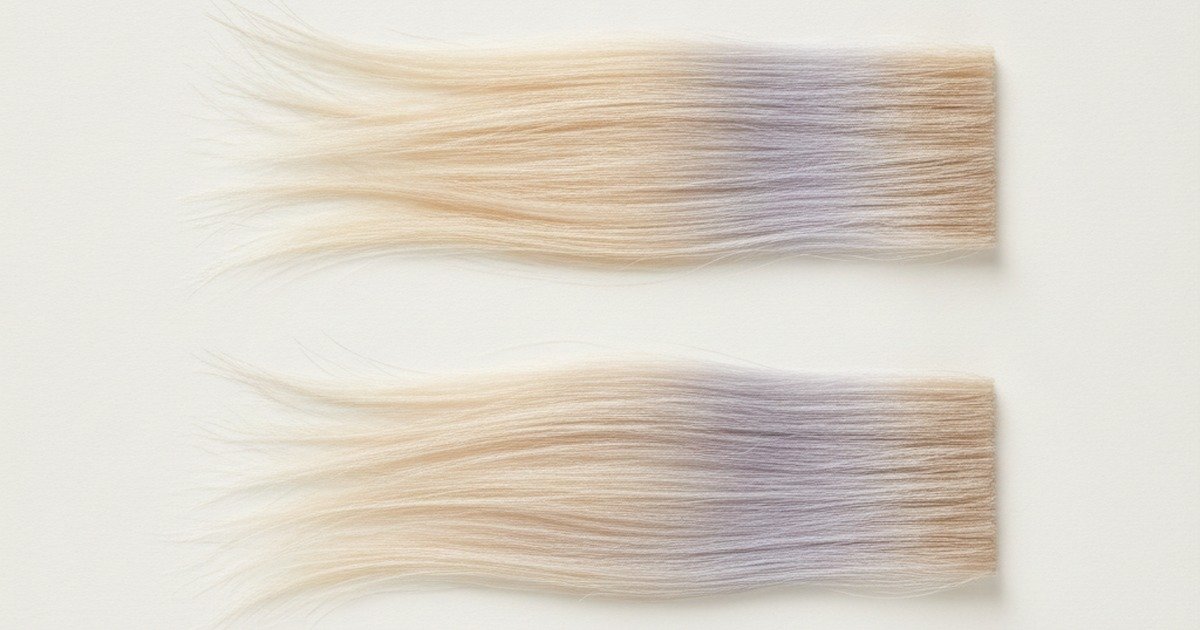 Two blonde hair swatches side by side, one correctly toned and bright, the other dulled and faintly lilac from over-toning