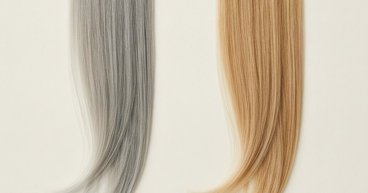 Two hair swatches side by side on a pale surface, a cool ash blonde next to a warm golden blonde, showing the tonal difference at the same lightness level